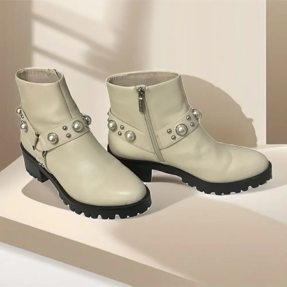 Karl Lagerfeld Paris NEW Combat Moto Booties Faux Pearl